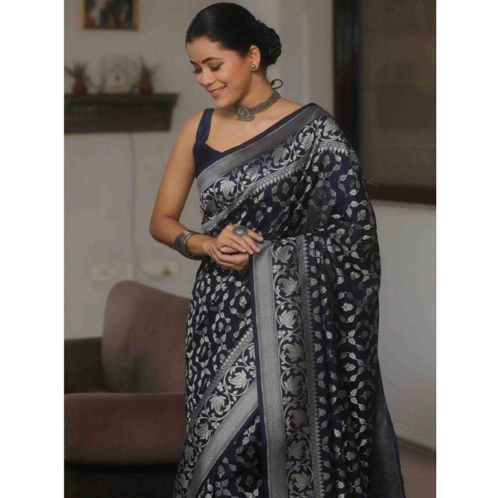 Generic Women's Silk Printed Saree With Unstitched Blouse 5.5Mtr (Navy Blue) - MYLUXURY LANE ENTERPRISE