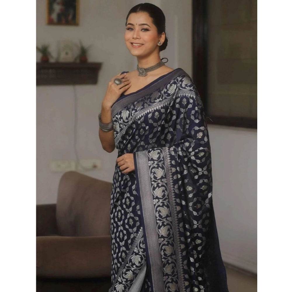 Generic Women's Silk Printed Saree With Unstitched Blouse 5.5Mtr (Navy Blue) - MYLUXURY LANE ENTERPRISE