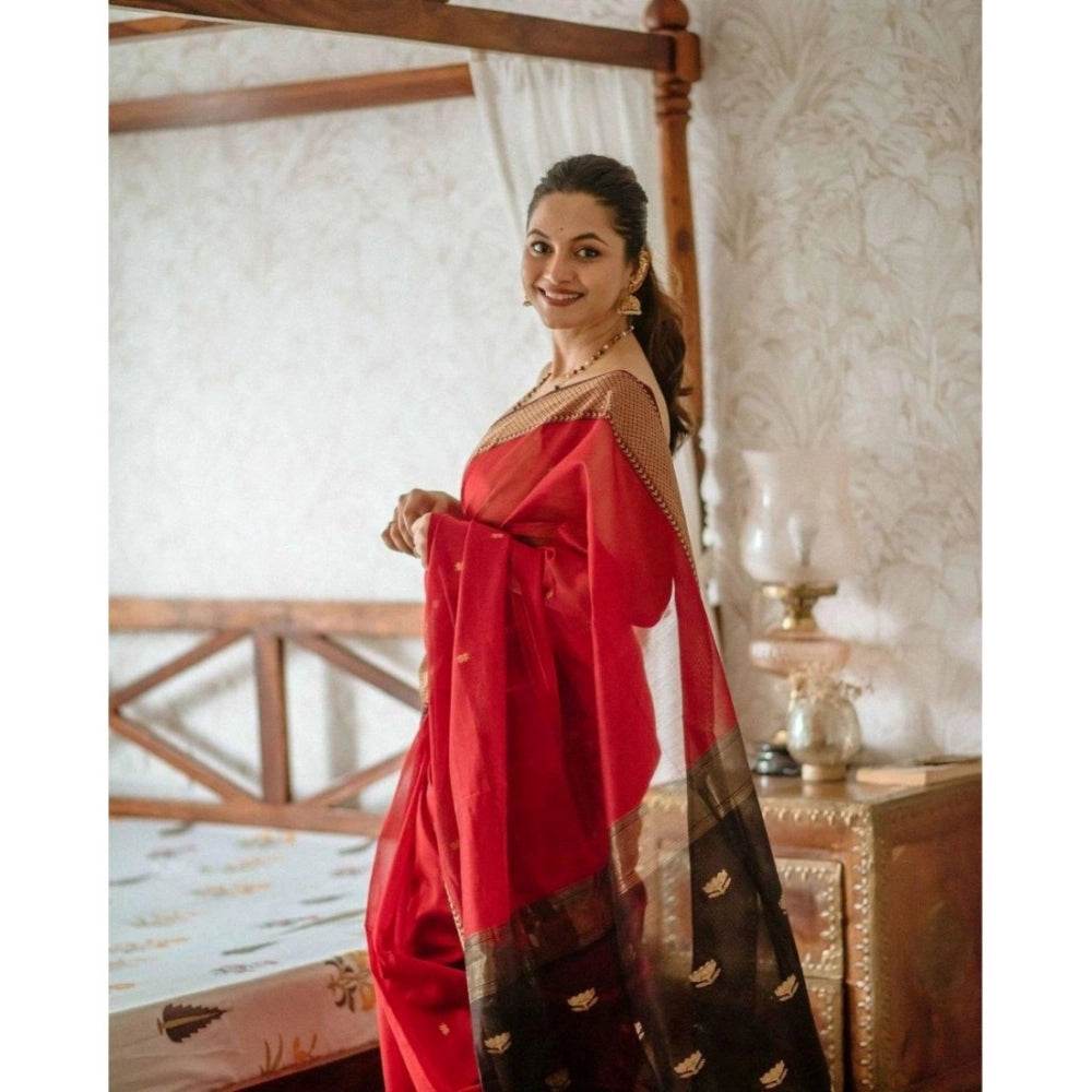 Generic Women's Cotton Printed Saree With Unstitched Blouse 5.5Mtr (Red) - MYLUXURY LANE ENTERPRISE