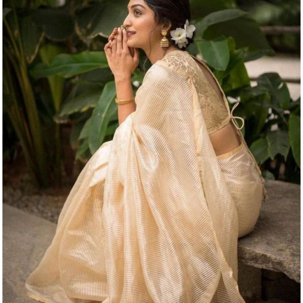 Generic Women's Silk Printed Saree With Unstitched Blouse 5.5Mtr (Off White) - MYLUXURY LANE ENTERPRISE