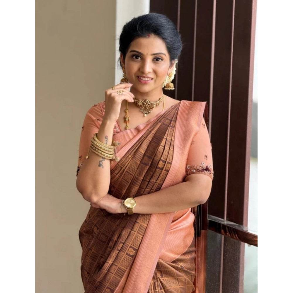 Generic Women's Silk Printed Saree With Unstitched Blouse 5.5Mtr (Brown) - MYLUXURY LANE ENTERPRISE