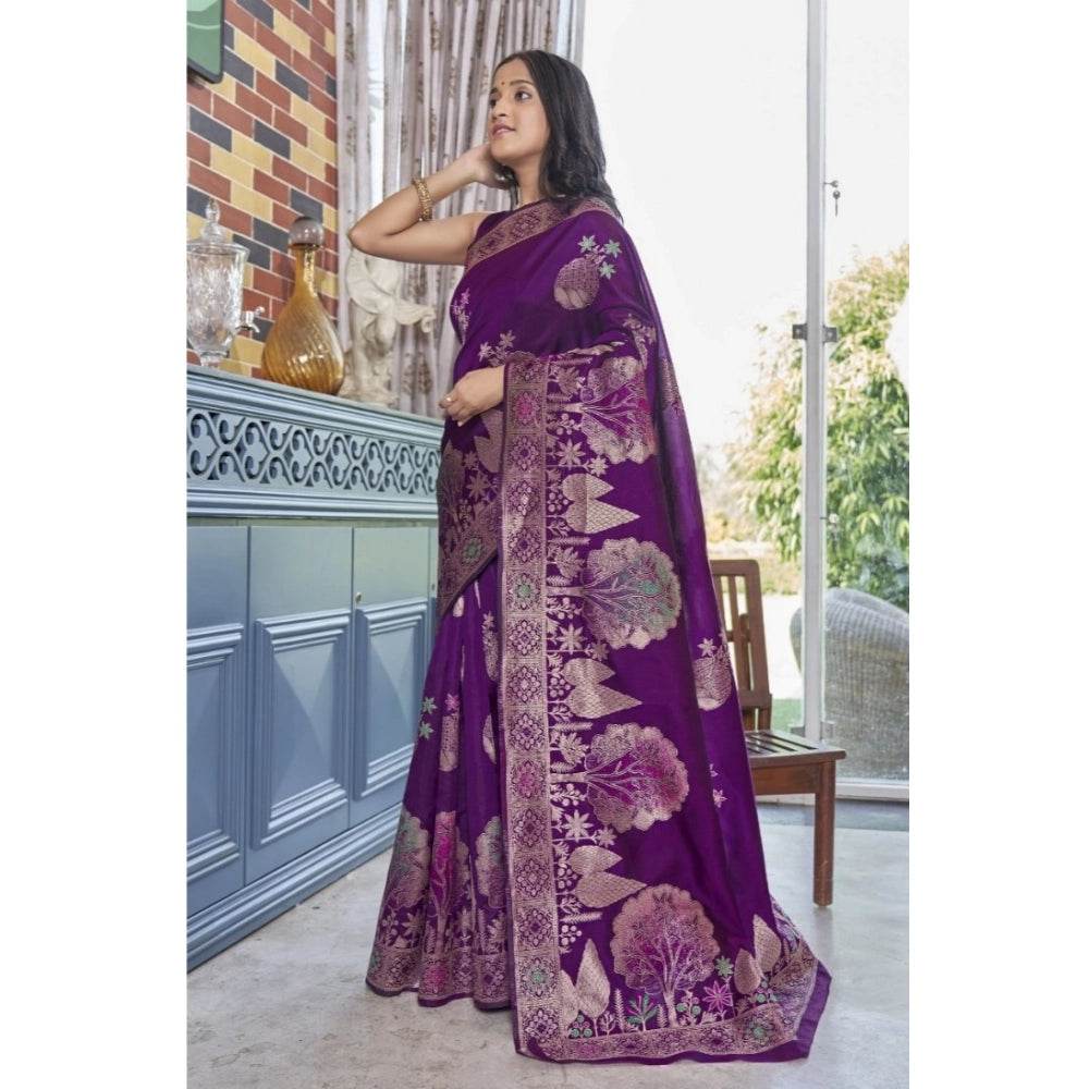Generic Women's Silk Printed Saree With Unstitched Blouse 5.5Mtr (Purple) - MYLUXURY LANE ENTERPRISE