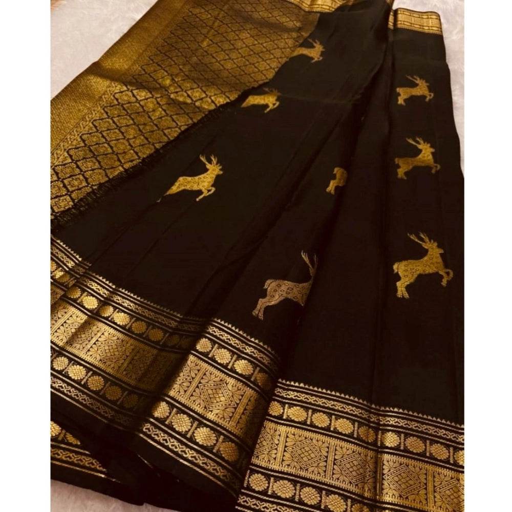Generic Women's Silk Printed Saree With Unstitched Blouse 5.5Mtr (Black) - MYLUXURY LANE ENTERPRISE