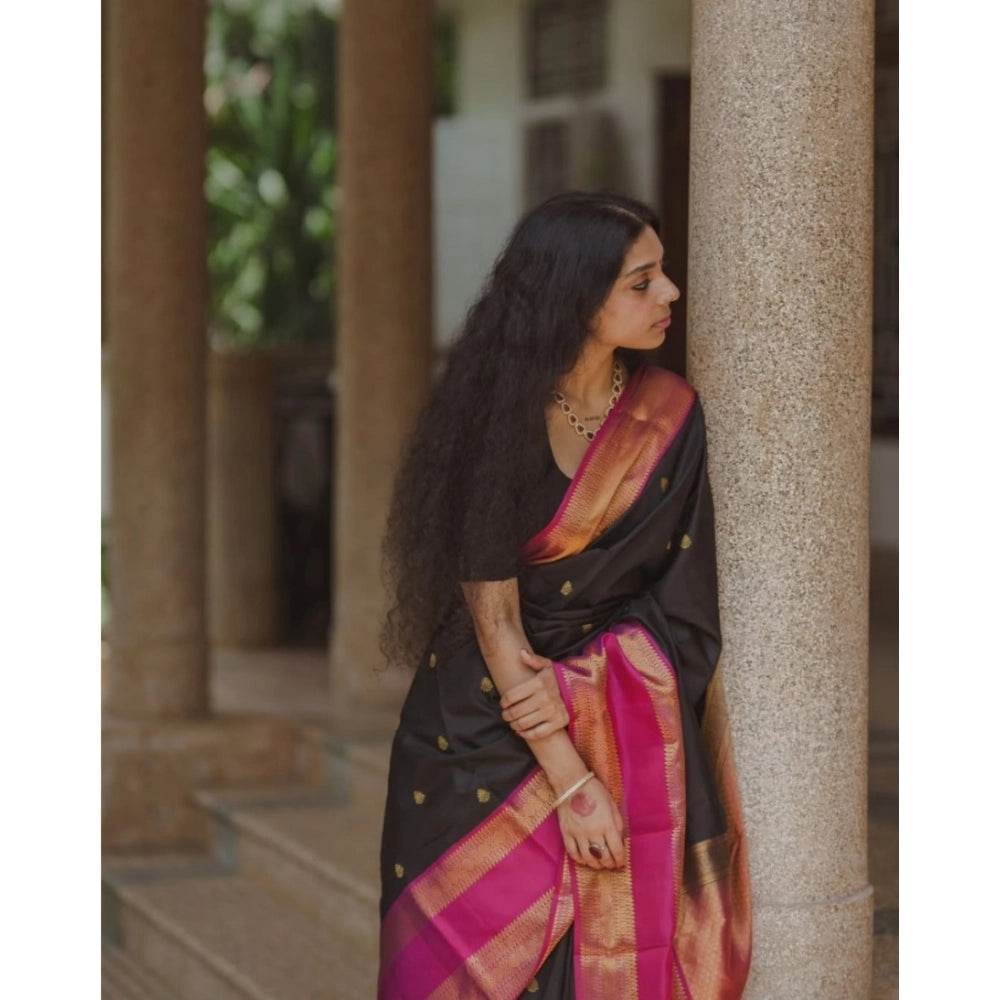 Generic Women's Silk Printed Saree With Unstitched Blouse 5.5Mtr (Black-Pink) - MYLUXURY LANE ENTERPRISE