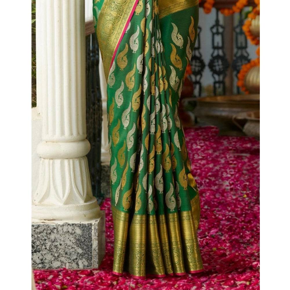 Generic Women's Silk Printed Saree With Unstitched Blouse 5.5Mtr (Green) - MYLUXURY LANE ENTERPRISE