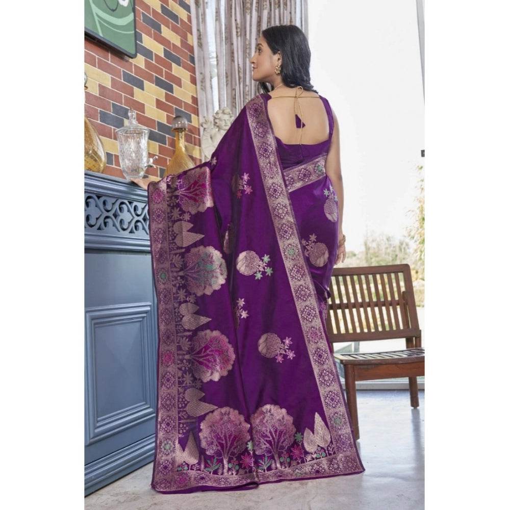 Generic Women's Silk Printed Saree With Unstitched Blouse 5.5Mtr (Purple) - MYLUXURY LANE ENTERPRISE