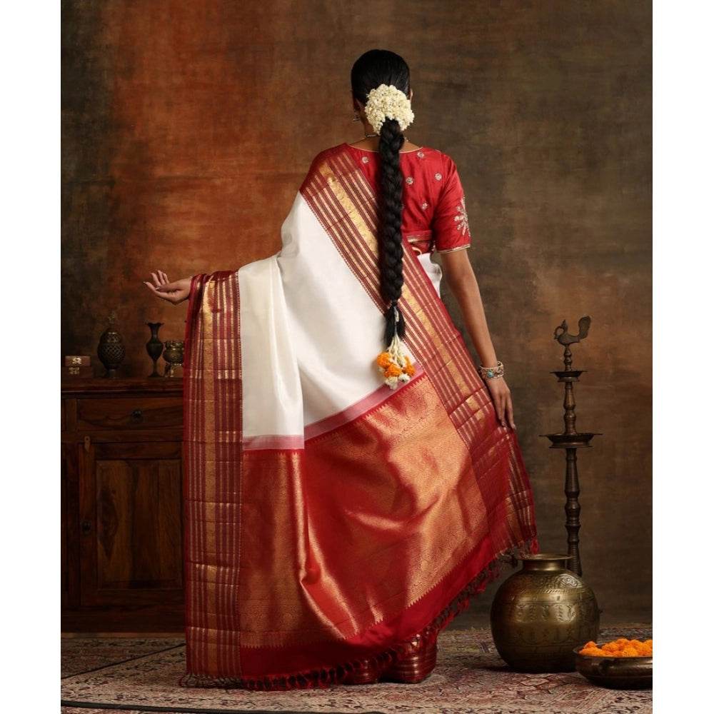 Generic Women's Silk Printed Saree With Unstitched Blouse 5.5Mtr (White-Maroon) - MYLUXURY LANE ENTERPRISE
