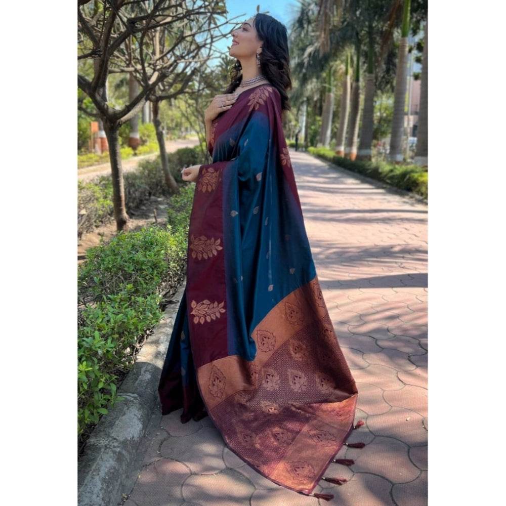 Generic Women's Silk Printed Saree With Unstitched Blouse 5.5Mtr (Blue) - MYLUXURY LANE ENTERPRISE