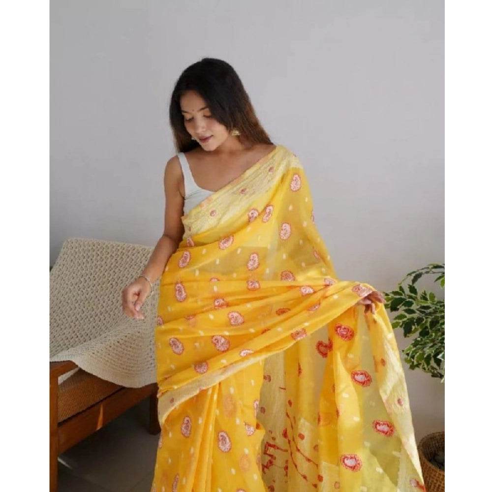 Generic Women's Cotton Printed Saree With Unstitched Blouse 5.5Mtr (Yellow) - MYLUXURY LANE ENTERPRISE