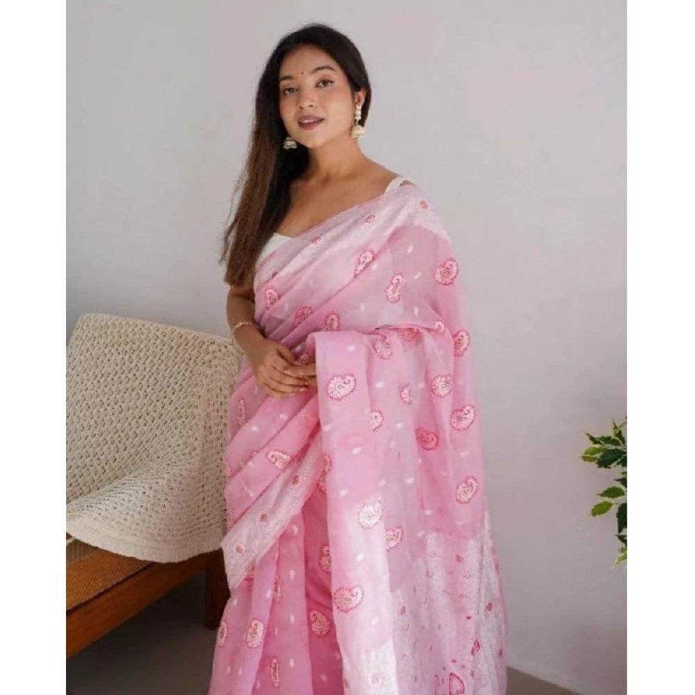 Generic Women's Cotton Printed Saree With Unstitched Blouse 5.5Mtr (Pink) - MYLUXURY LANE ENTERPRISE