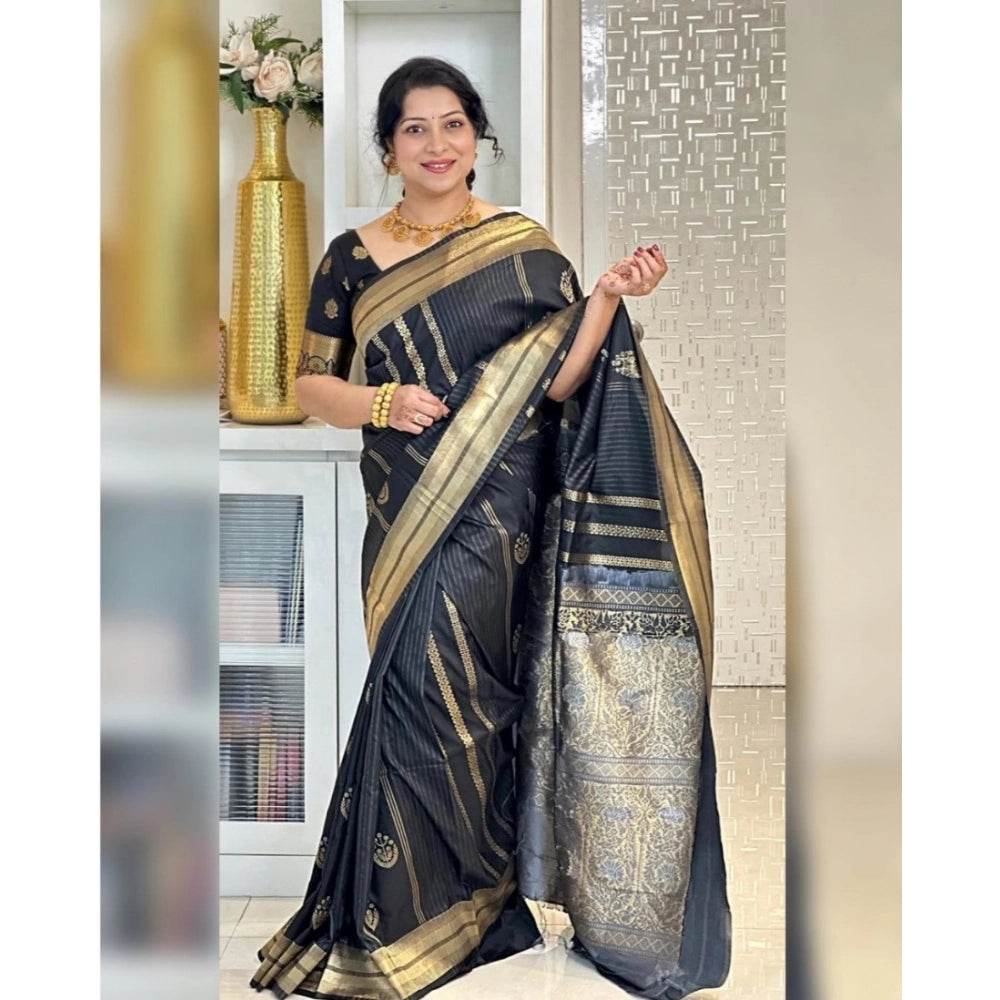 Generic Women's Silk Printed Saree With Unstitched Blouse 5.5Mtr (Black) - MYLUXURY LANE ENTERPRISE
