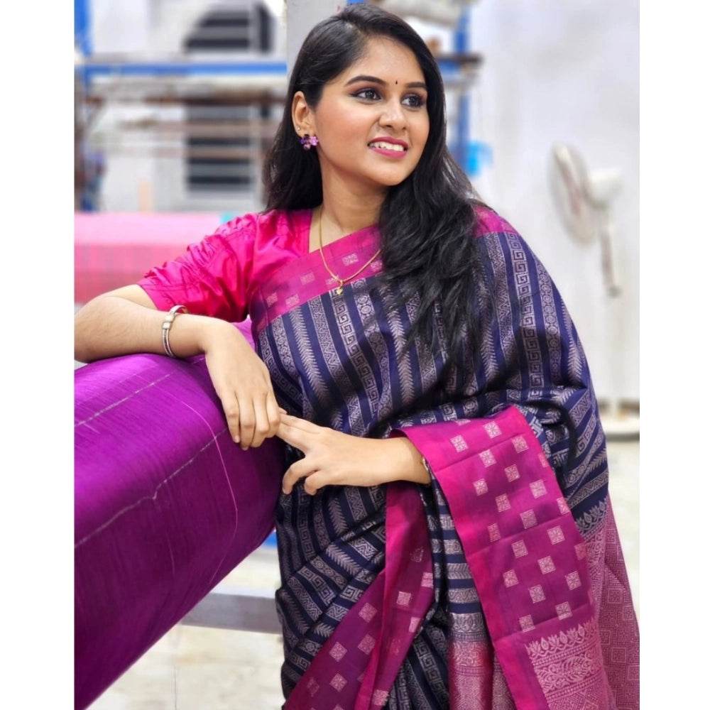 Generic Women's Silk Printed Saree With Unstitched Blouse 5.5Mtr (Navy Blue) - MYLUXURY LANE ENTERPRISE