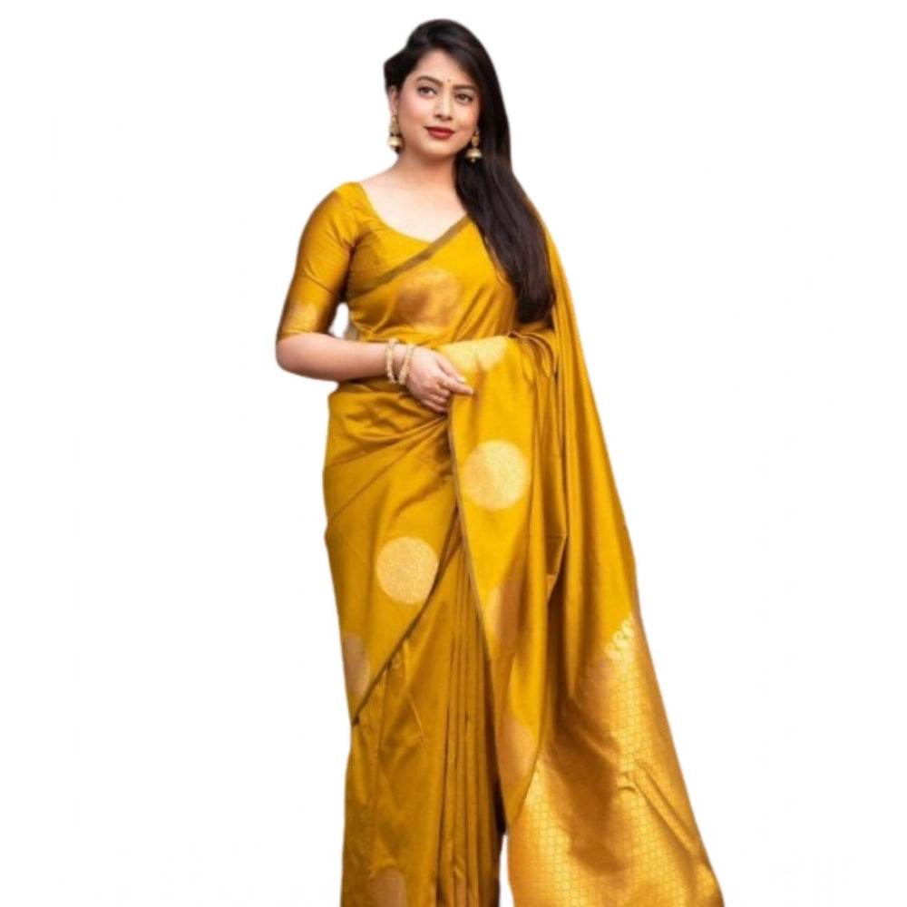 Generic Women's Silk Printed Saree With Unstitched Blouse 5.5Mtr (Yellow) - MYLUXURY LANE ENTERPRISE