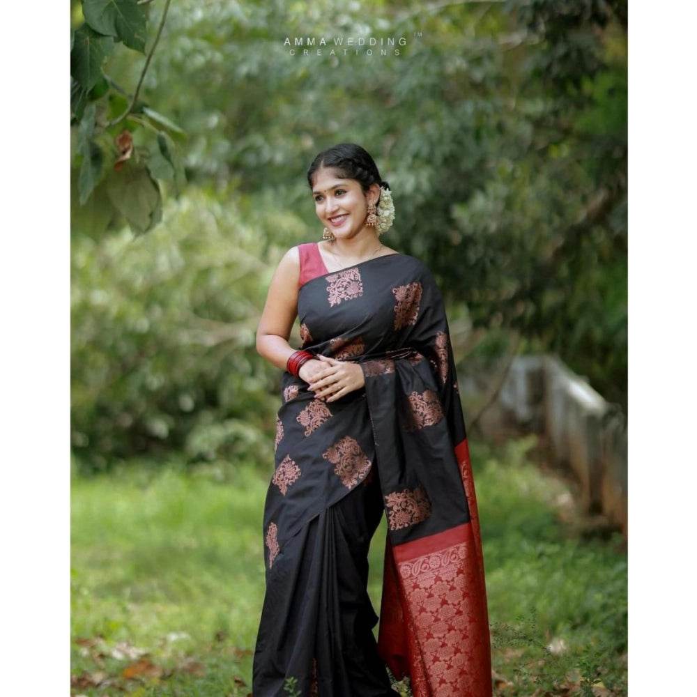 Generic Women's Silk Printed Saree With Unstitched Blouse 5.5Mtr (Black-Red) - MYLUXURY LANE ENTERPRISE