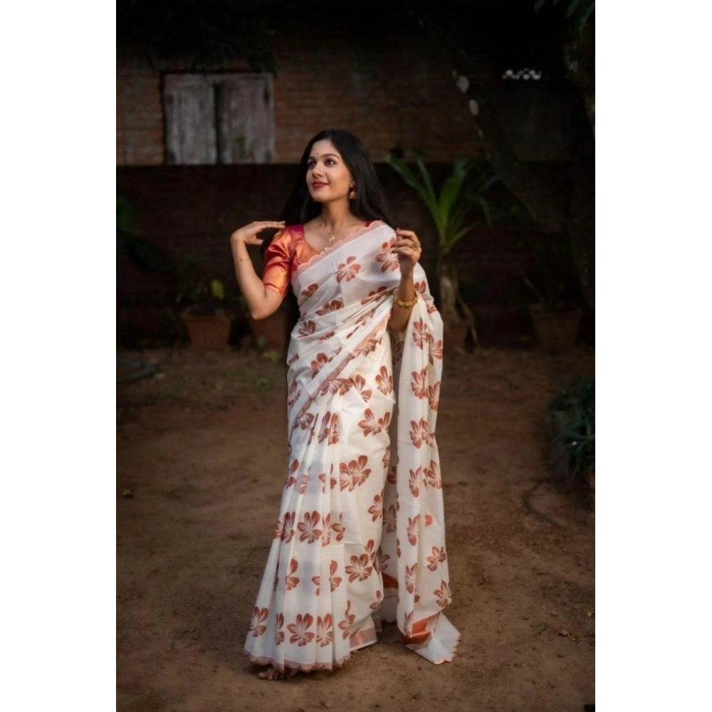 Generic Women's Silk Printed Saree With Unstitched Blouse 5.5Mtr (White-Orange) - MYLUXURY LANE ENTERPRISE