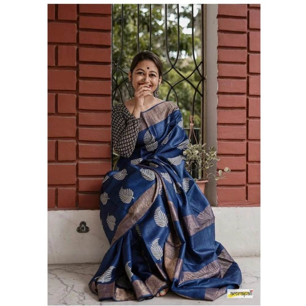 Generic Women's Silk Printed Saree With Unstitched Blouse 5.5Mtr (Navy Blue) - MYLUXURY LANE ENTERPRISE