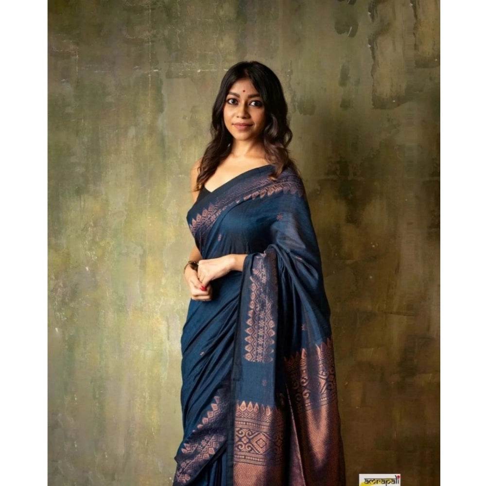 Generic Women's Silk Printed Saree With Unstitched Blouse 5.5Mtr (Navy Blue) - MYLUXURY LANE ENTERPRISE