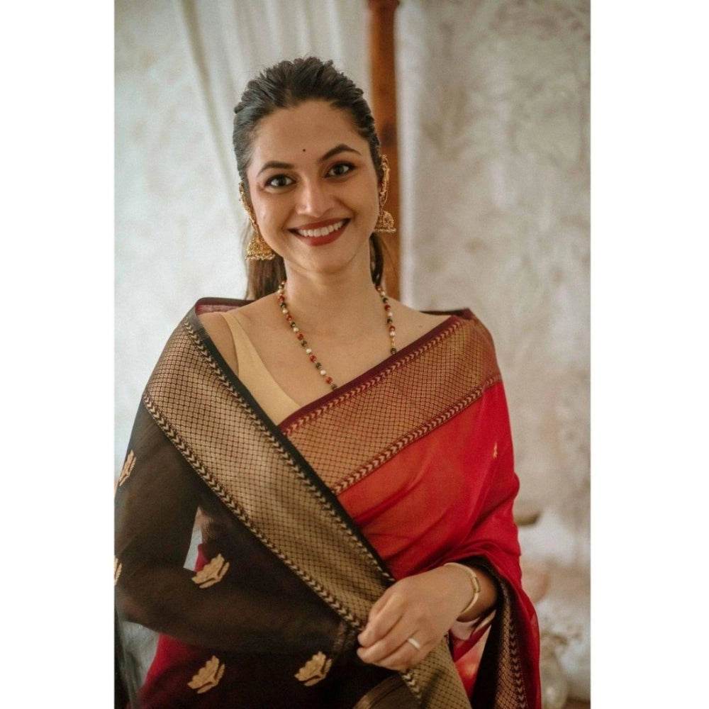 Generic Women's Cotton Printed Saree With Unstitched Blouse 5.5Mtr (Red) - MYLUXURY LANE ENTERPRISE