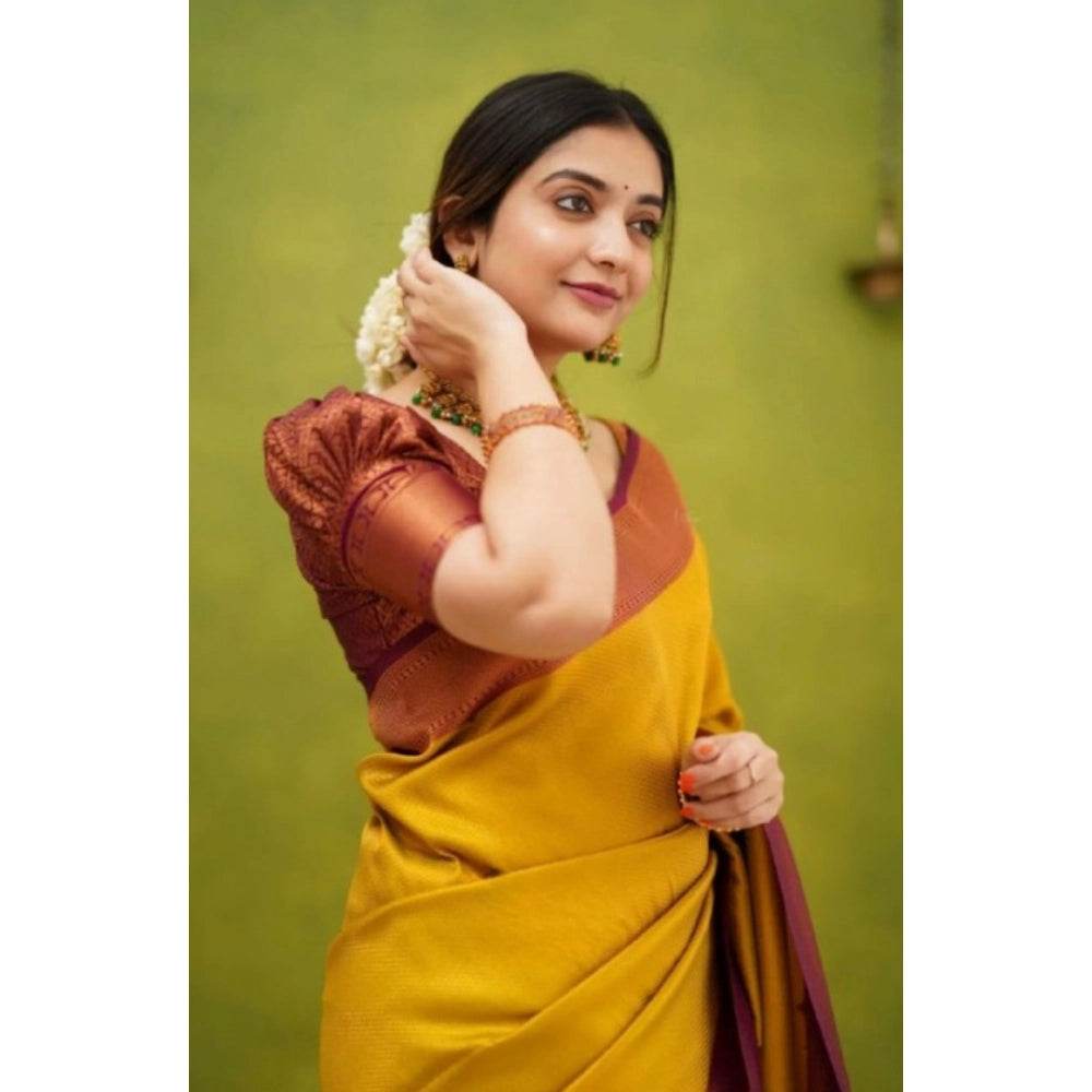 Generic Women's Silk Printed Saree With Unstitched Blouse 5.5Mtr (Yellow) - MYLUXURY LANE ENTERPRISE