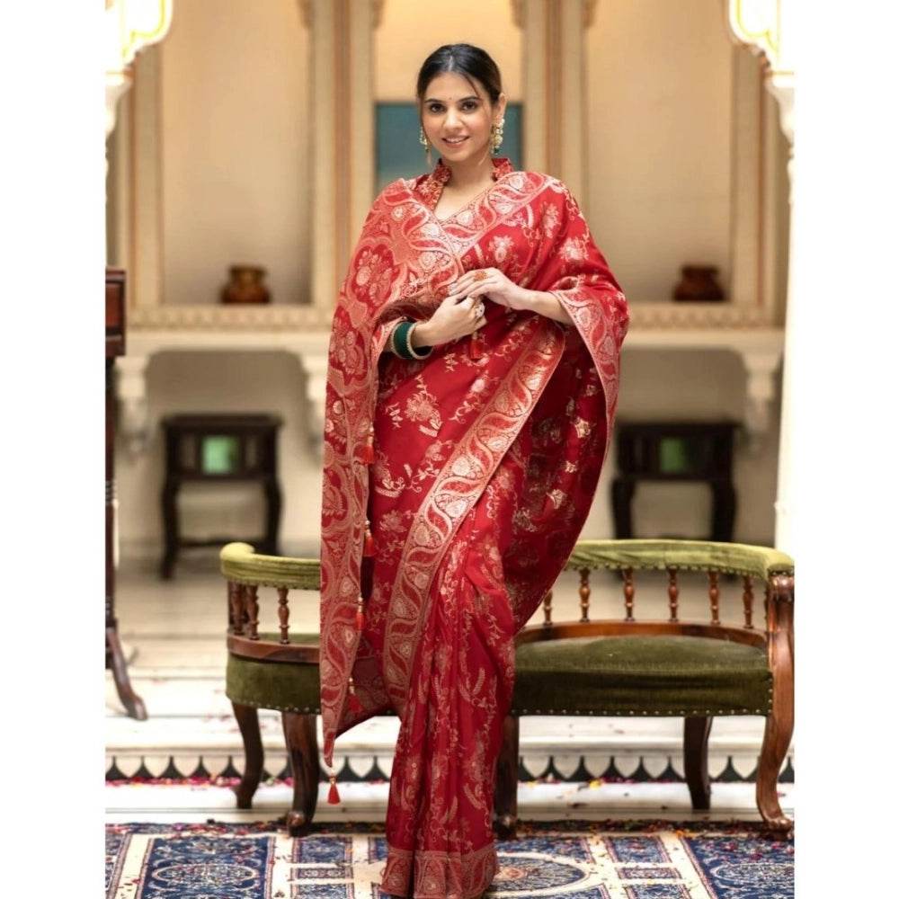 Generic Women's Silk Printed Saree With Unstitched Blouse 5.5Mtr (Red) - MYLUXURY LANE ENTERPRISE