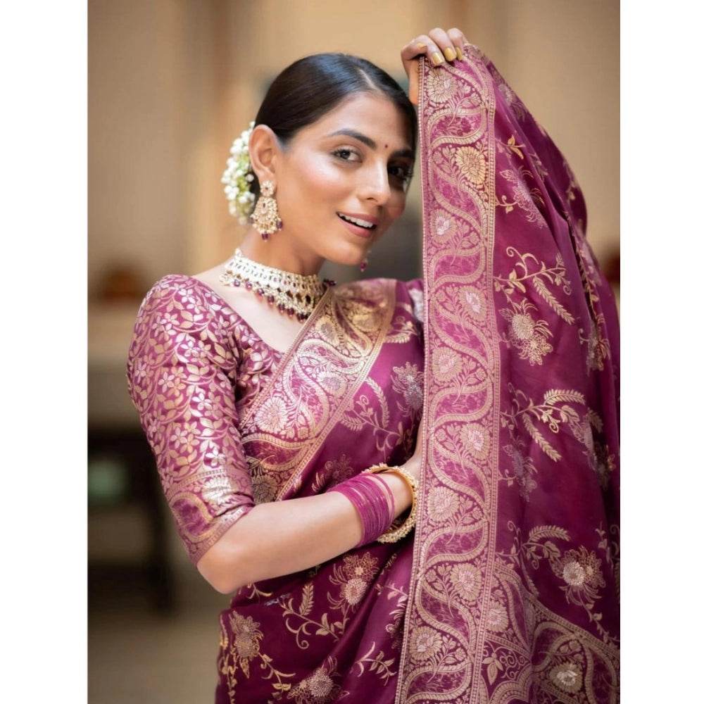 Generic Women's Silk Printed Saree With Unstitched Blouse 5.5Mtr (Wine) - MYLUXURY LANE ENTERPRISE