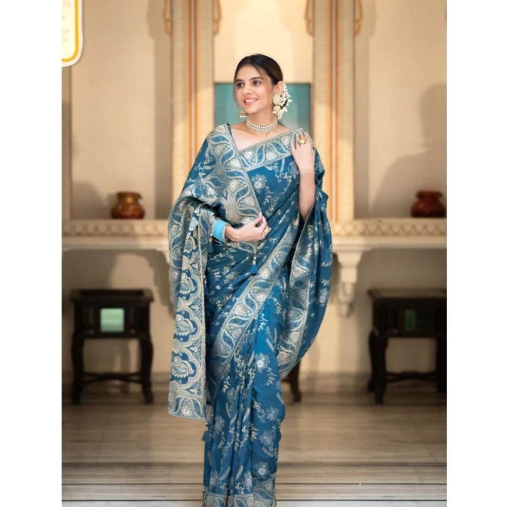 Generic Women's Silk Printed Saree With Unstitched Blouse 5.5Mtr (Teal Blue) - MYLUXURY LANE ENTERPRISE