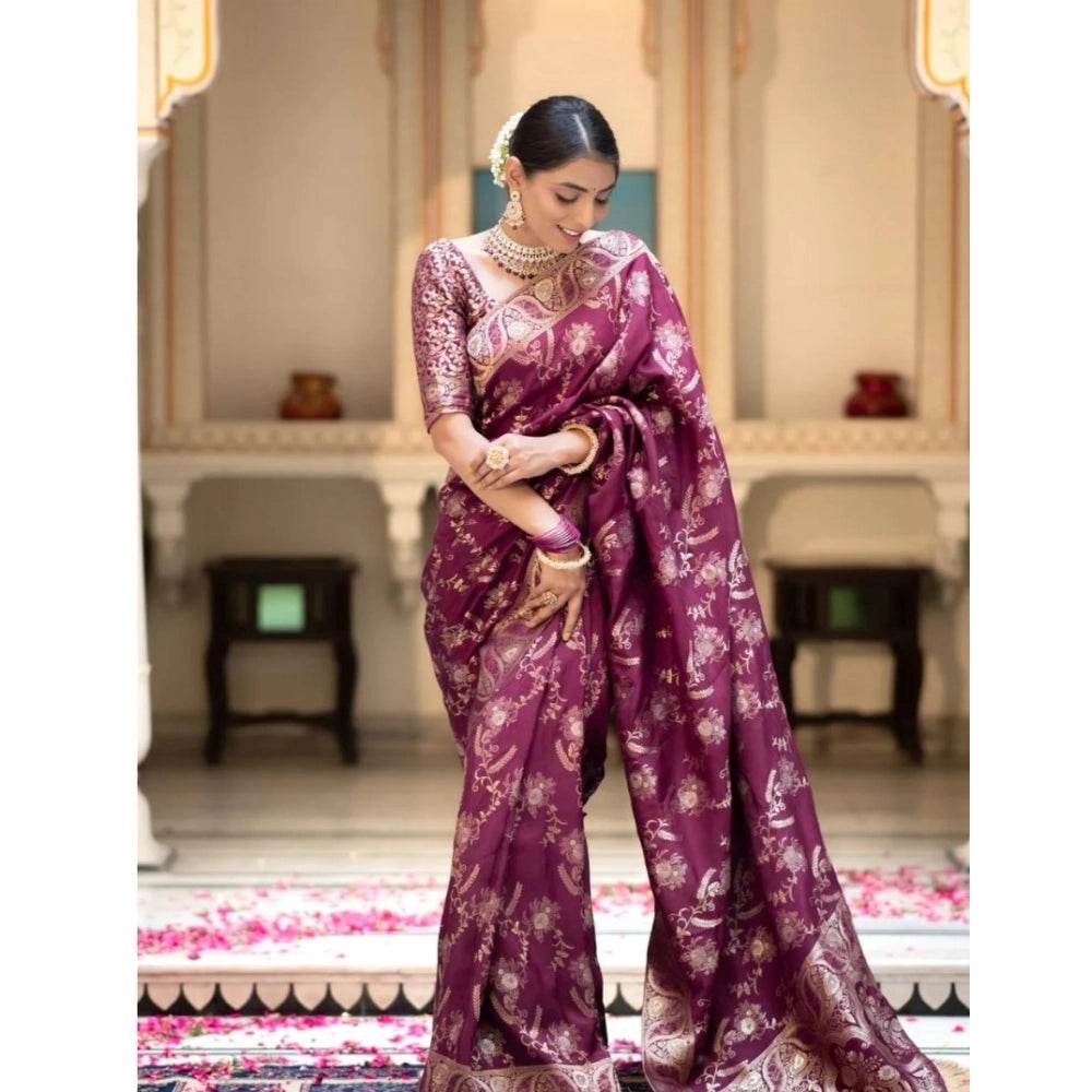 Generic Women's Silk Printed Saree With Unstitched Blouse 5.5Mtr (Wine) - MYLUXURY LANE ENTERPRISE