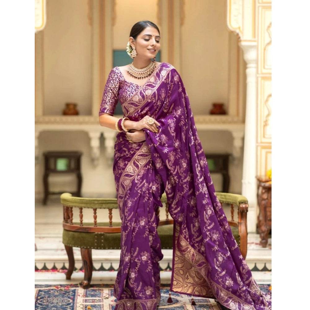 Generic Women's Silk Printed Saree With Unstitched Blouse 5.5Mtr (Purple) - MYLUXURY LANE ENTERPRISE