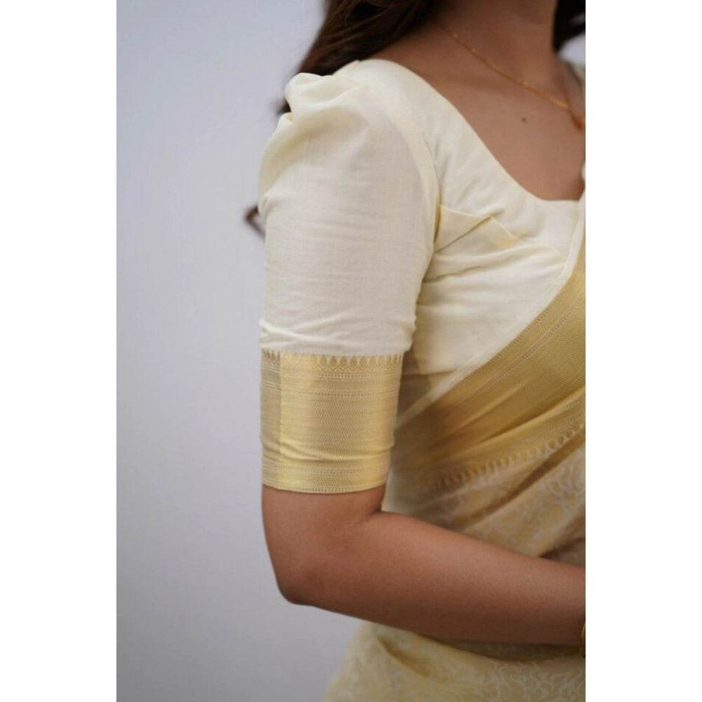 Generic Women's Silk Printed Saree With Unstitched Blouse 5.5Mtr (Cream) - MYLUXURY LANE ENTERPRISE