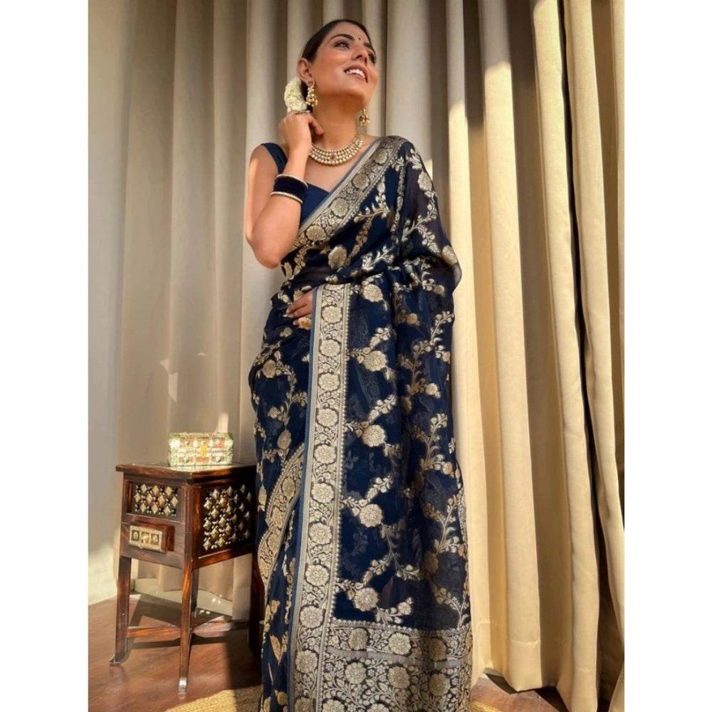 Generic Women's Silk Printed Saree With Unstitched Blouse 5.5Mtr (Dark Blue) - MYLUXURY LANE ENTERPRISE