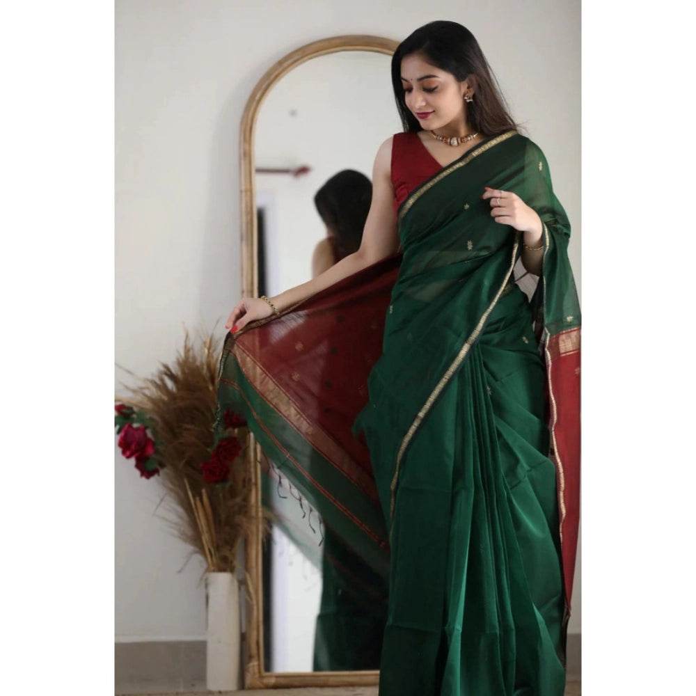 Generic Women's Cotton Printed Saree With Unstitched Blouse 5.5Mtr (Dark Green) - MYLUXURY LANE ENTERPRISE