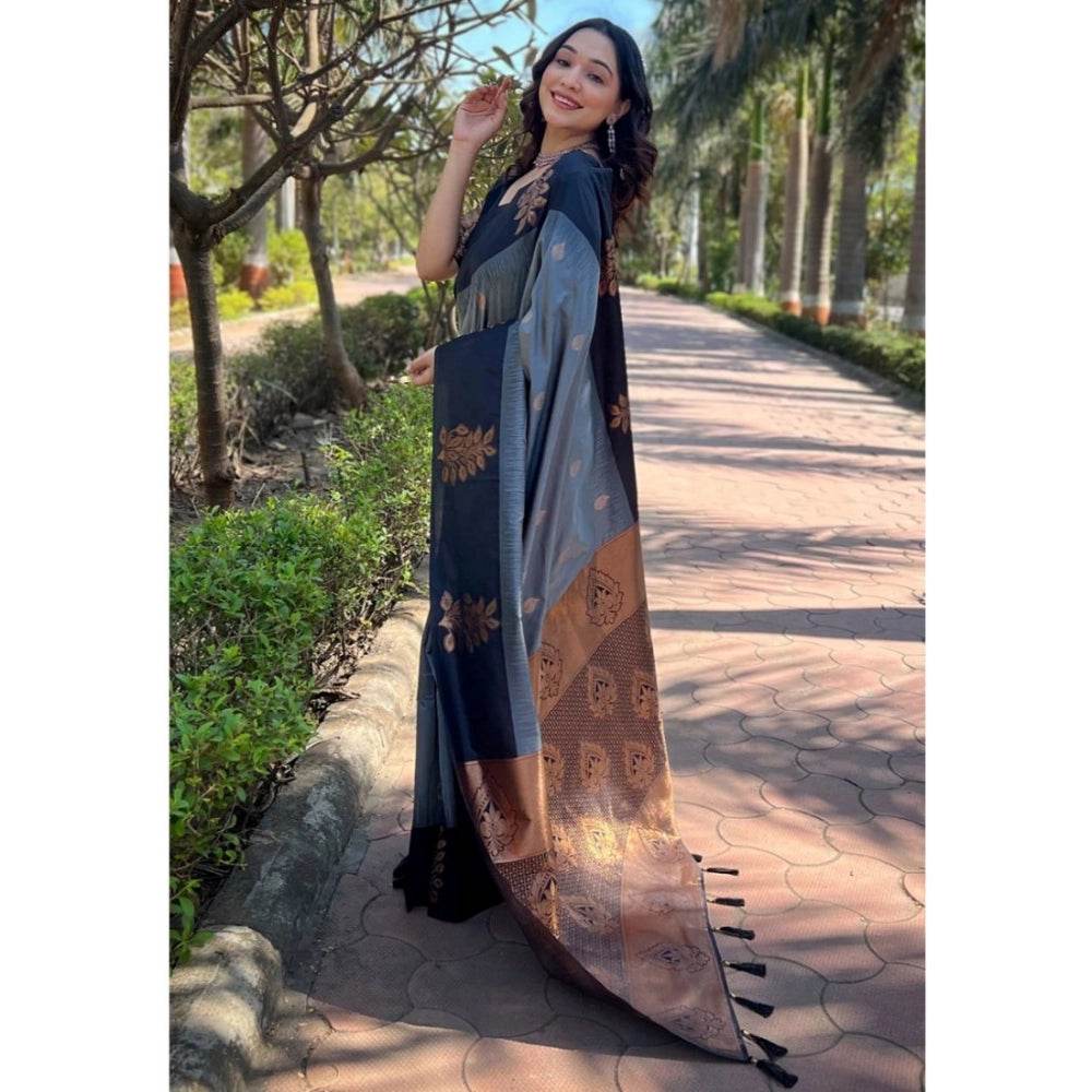 Generic Women's Silk Printed Saree With Unstitched Blouse 5.5Mtr (Grey) - MYLUXURY LANE ENTERPRISE