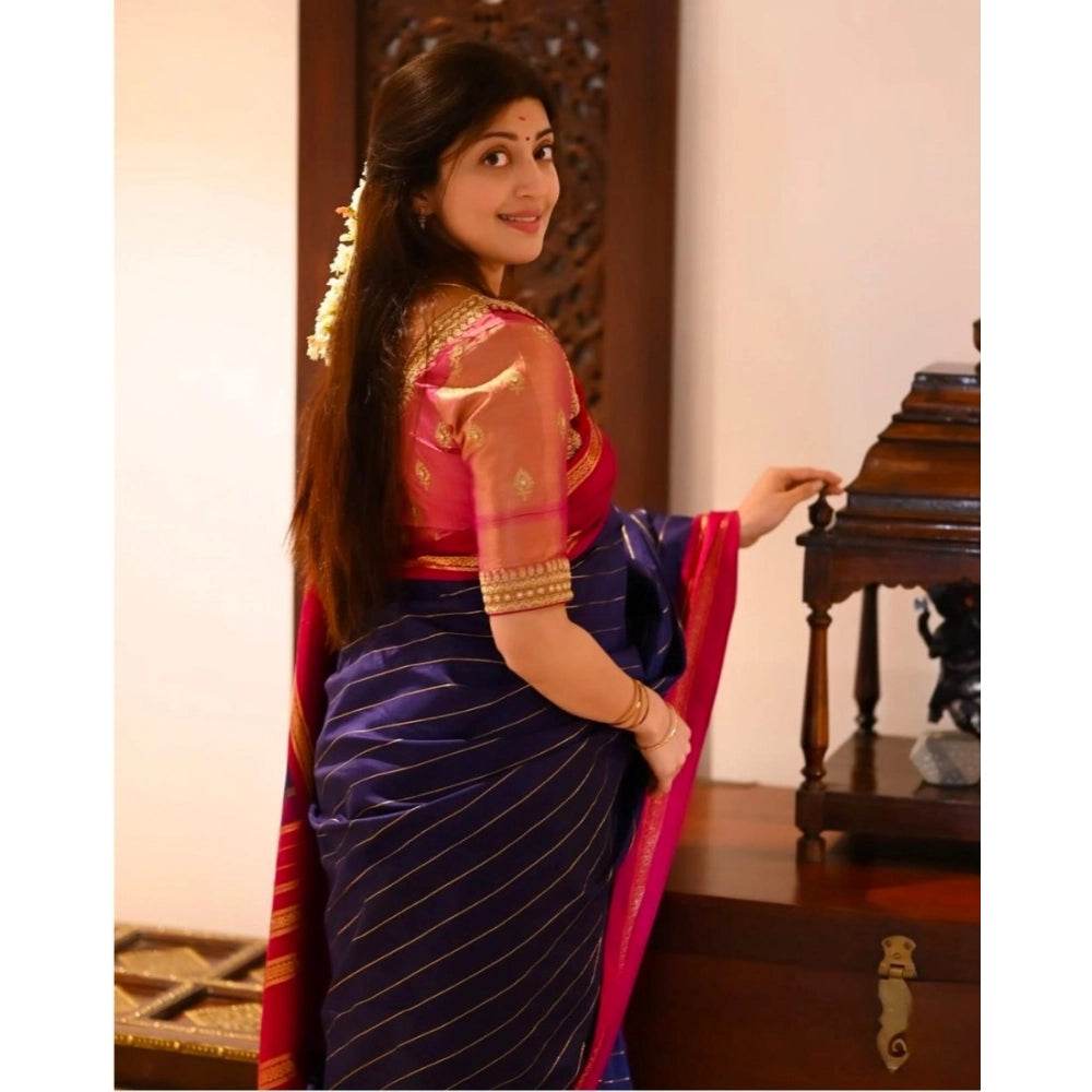 Generic Women's Silk Printed Saree With Unstitched Blouse 5.5Mtr (Navy Blue) - MYLUXURY LANE ENTERPRISE