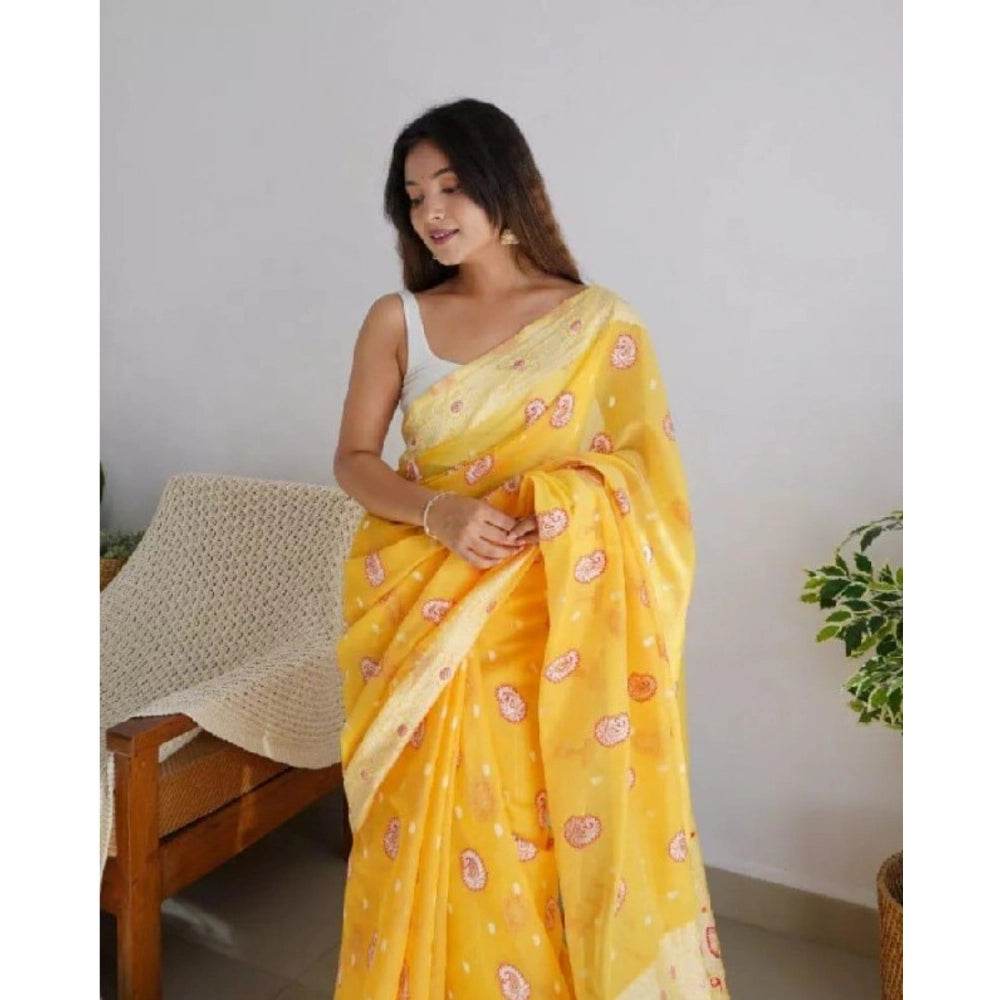 Generic Women's Cotton Printed Saree With Unstitched Blouse 5.5Mtr (Yellow) - MYLUXURY LANE ENTERPRISE