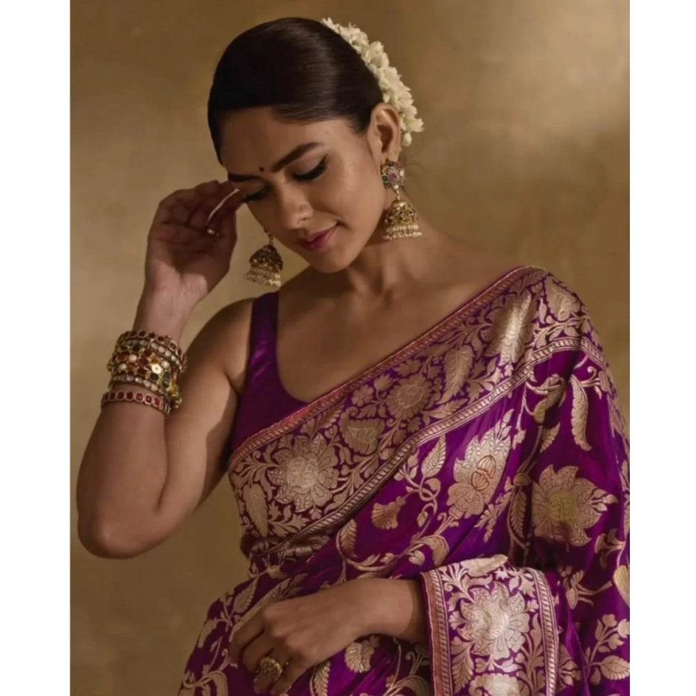 Generic Women's Silk Printed Saree With Unstitched Blouse 5.5Mtr (Purple) - MYLUXURY LANE ENTERPRISE