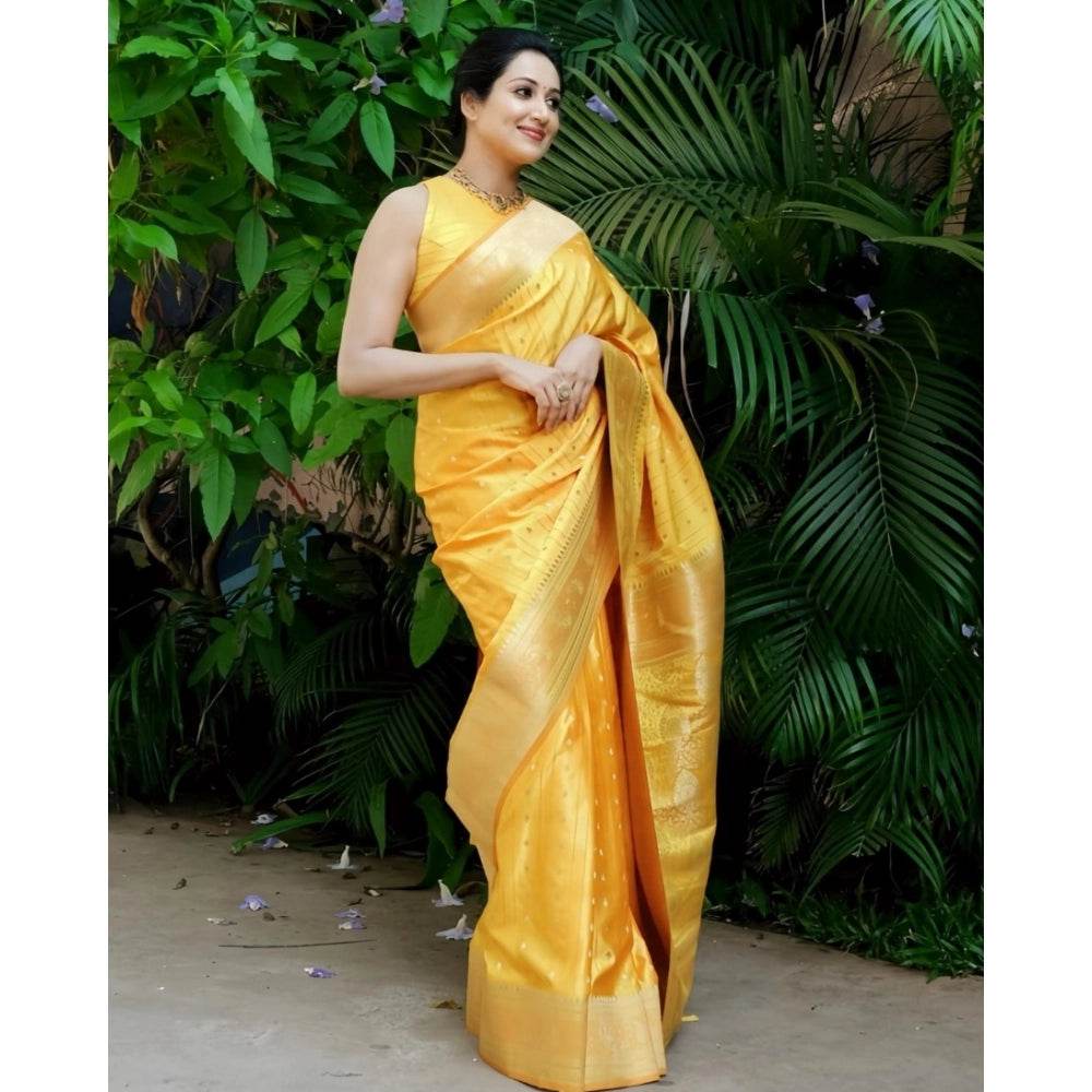 Generic Women's Silk Printed Saree With Unstitched Blouse 5.5Mtr (Yellow) - MYLUXURY LANE ENTERPRISE