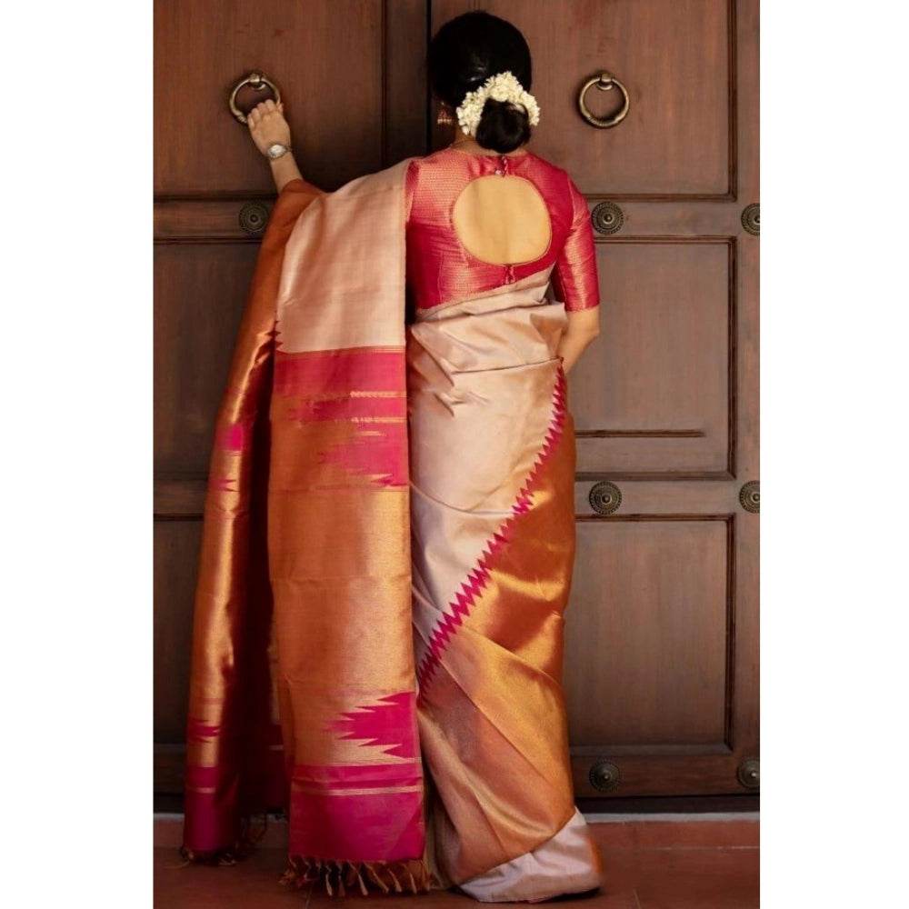Generic Women's Silk Printed Saree With Unstitched Blouse 5.5Mtr (Cream) - MYLUXURY LANE ENTERPRISE