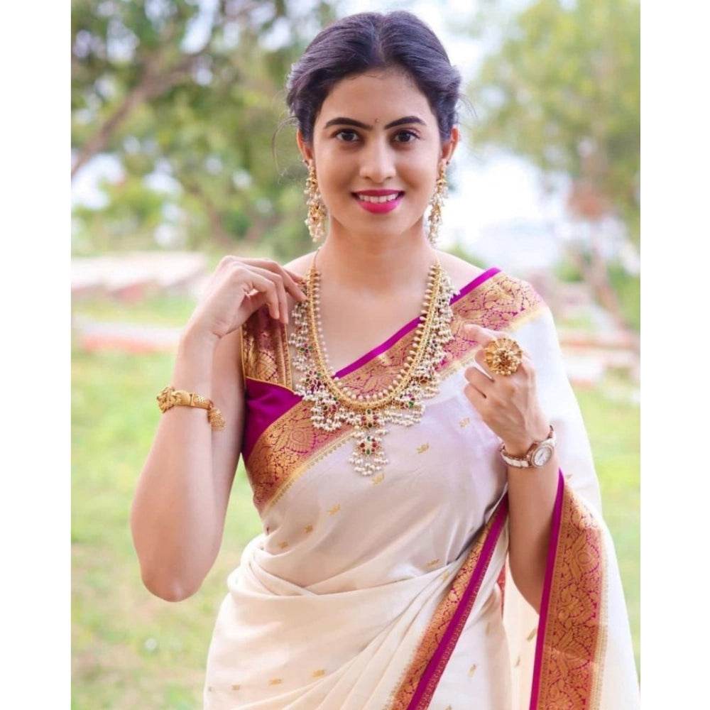 Generic Women's Silk Printed Saree With Unstitched Blouse 5.5Mtr (White) - MYLUXURY LANE ENTERPRISE