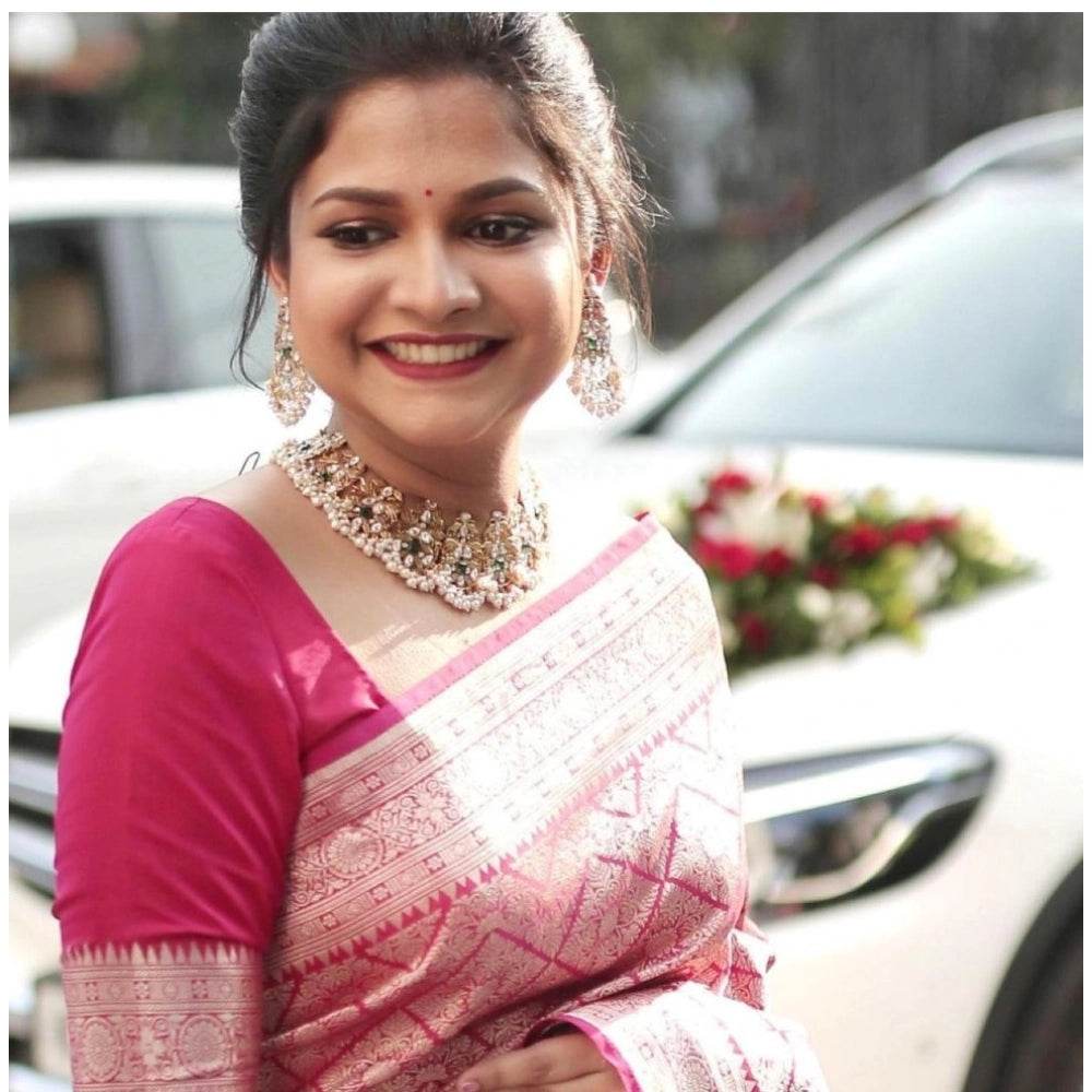 Generic Women's Silk Printed Saree With Unstitched Blouse 5.5Mtr (Pink) - MYLUXURY LANE ENTERPRISE