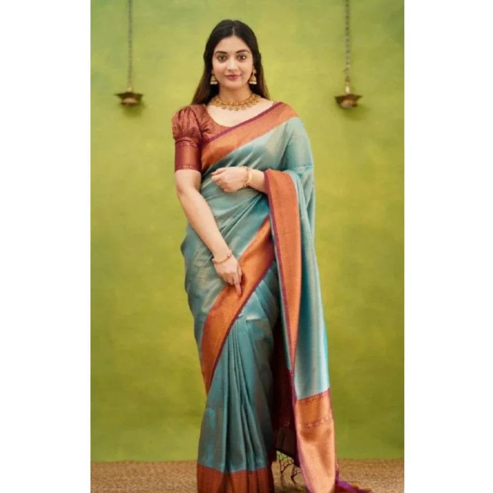 Generic Women's Silk Printed Saree With Unstitched Blouse 5.5Mtr (Rama) - MYLUXURY LANE ENTERPRISE