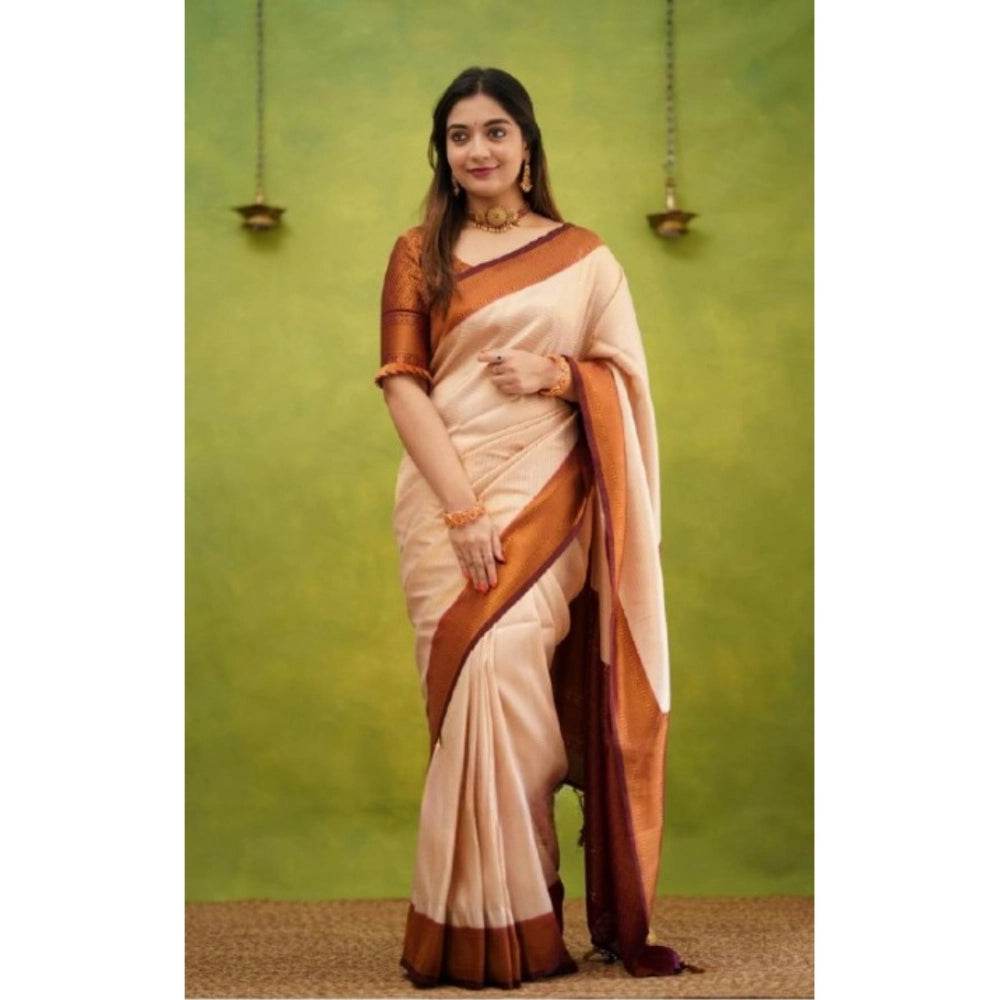 Generic Women's Silk Printed Saree With Unstitched Blouse 5.5Mtr (Cream) - MYLUXURY LANE ENTERPRISE