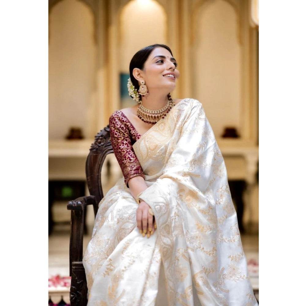 Generic Women's Silk Printed Saree With Unstitched Blouse 5.5Mtr (White) - MYLUXURY LANE ENTERPRISE