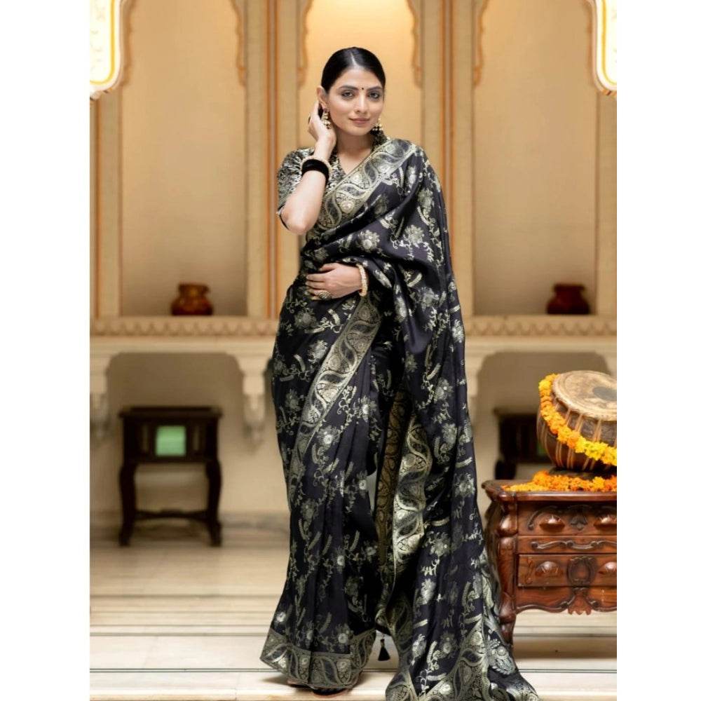 Generic Women's Silk Printed Saree With Unstitched Blouse 5.5Mtr (Black) - MYLUXURY LANE ENTERPRISE