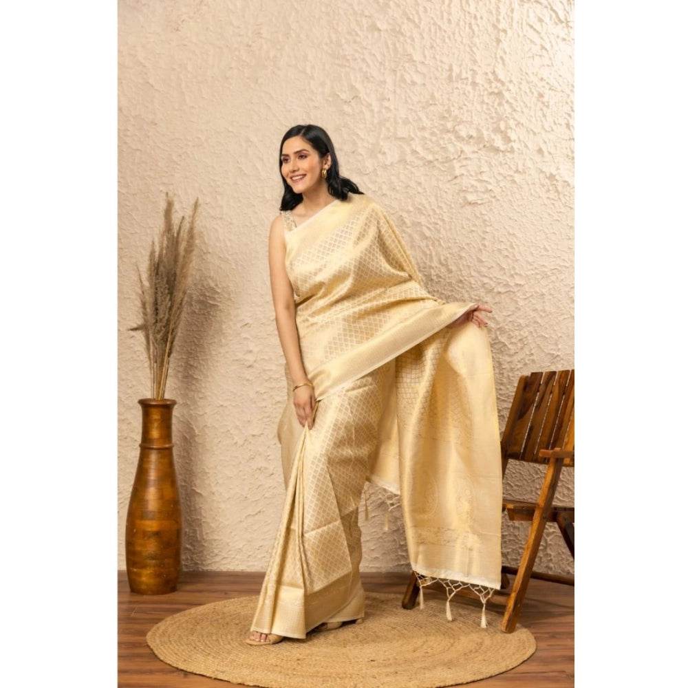Generic Women's Silk Printed Saree With Unstitched Blouse 5.5Mtr (Gold) - MYLUXURY LANE ENTERPRISE