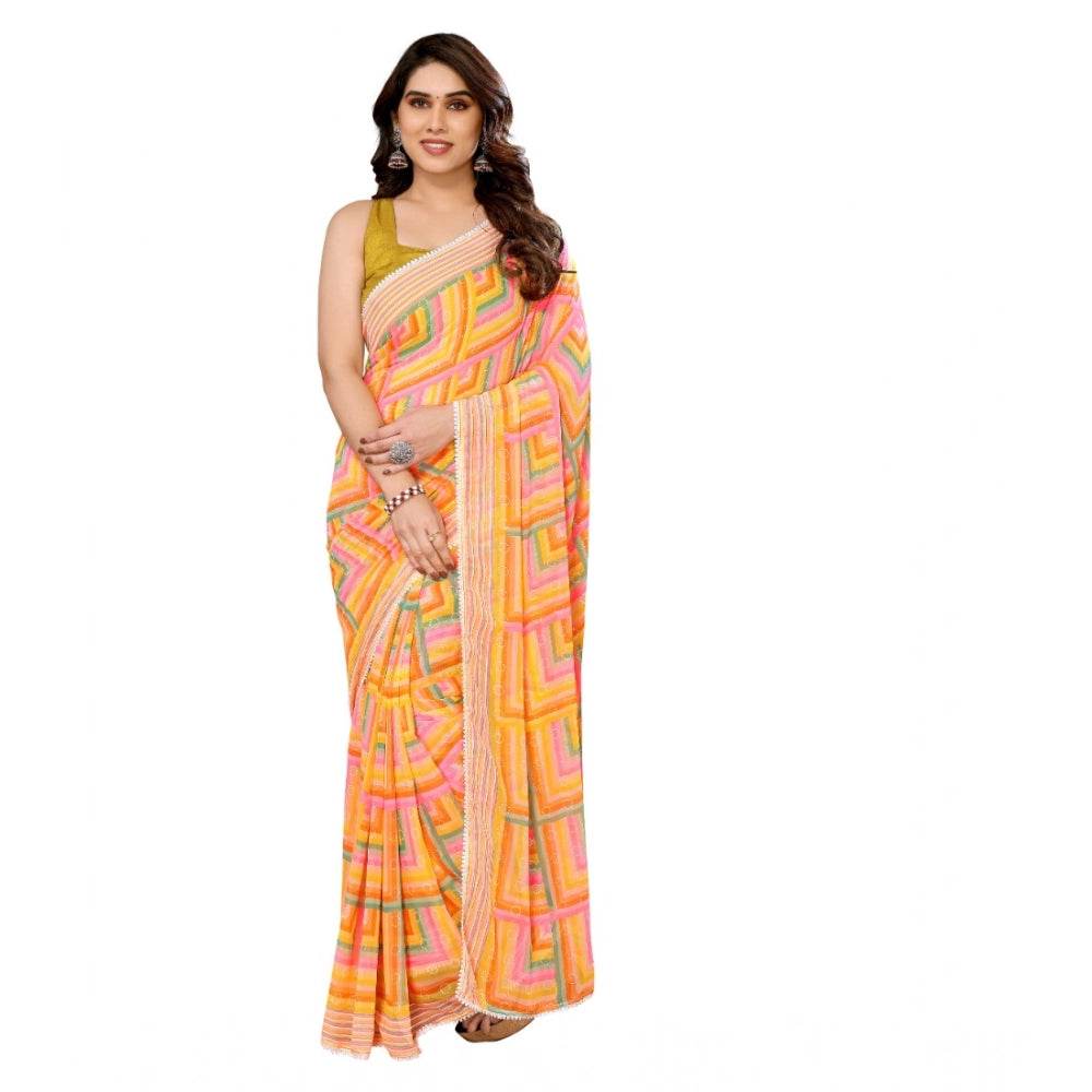 Generic Women's Small Lace Georgette Printed Ready-to-Wear Saree With Unstitched Blouse 5.5 Mtr (Yellow) - MYLUXURY LANE ENTERPRISE