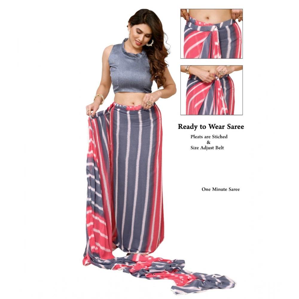 Generic Women's Small Lace Georgette Striped Ready-to-Wear Saree With Unstitched Blouse 5.5 Mtr (Pink) - MYLUXURY LANE ENTERPRISE