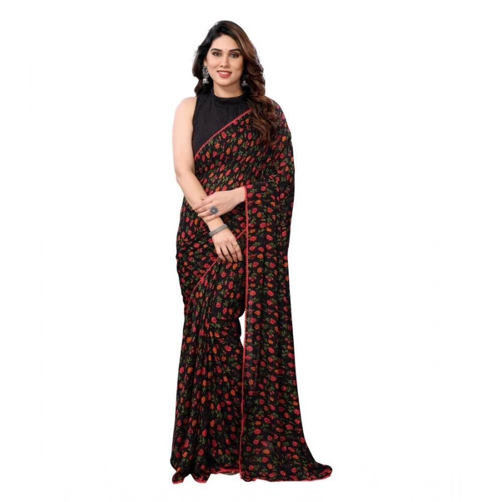 Generic Women's Small Lace Georgette Printed Ready-to-Wear Saree With Unstitched Blouse 5.5 Mtr (Black) - MYLUXURY LANE ENTERPRISE
