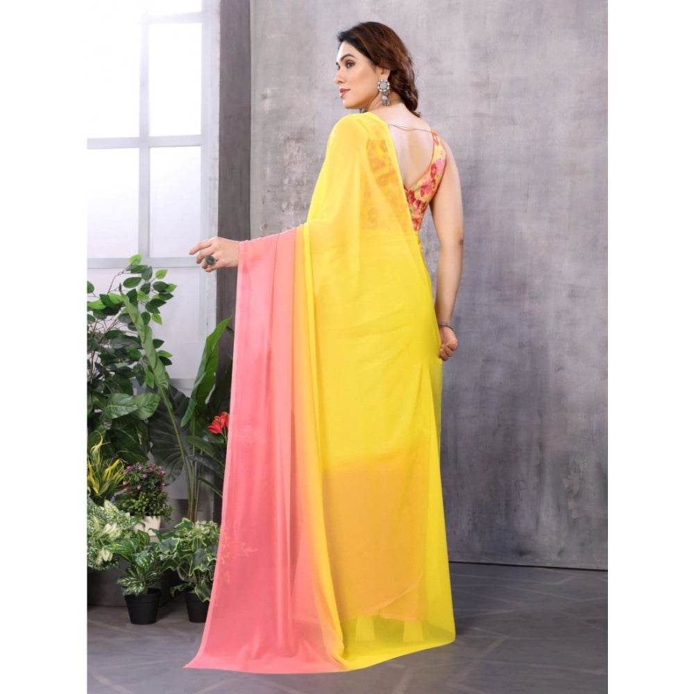 Generic Women's Small Lace Georgette Solid Ready-to-Wear Saree With Unstitched Blouse 5.5 Mtr (Pink-Yellow) - MYLUXURY LANE ENTERPRISE