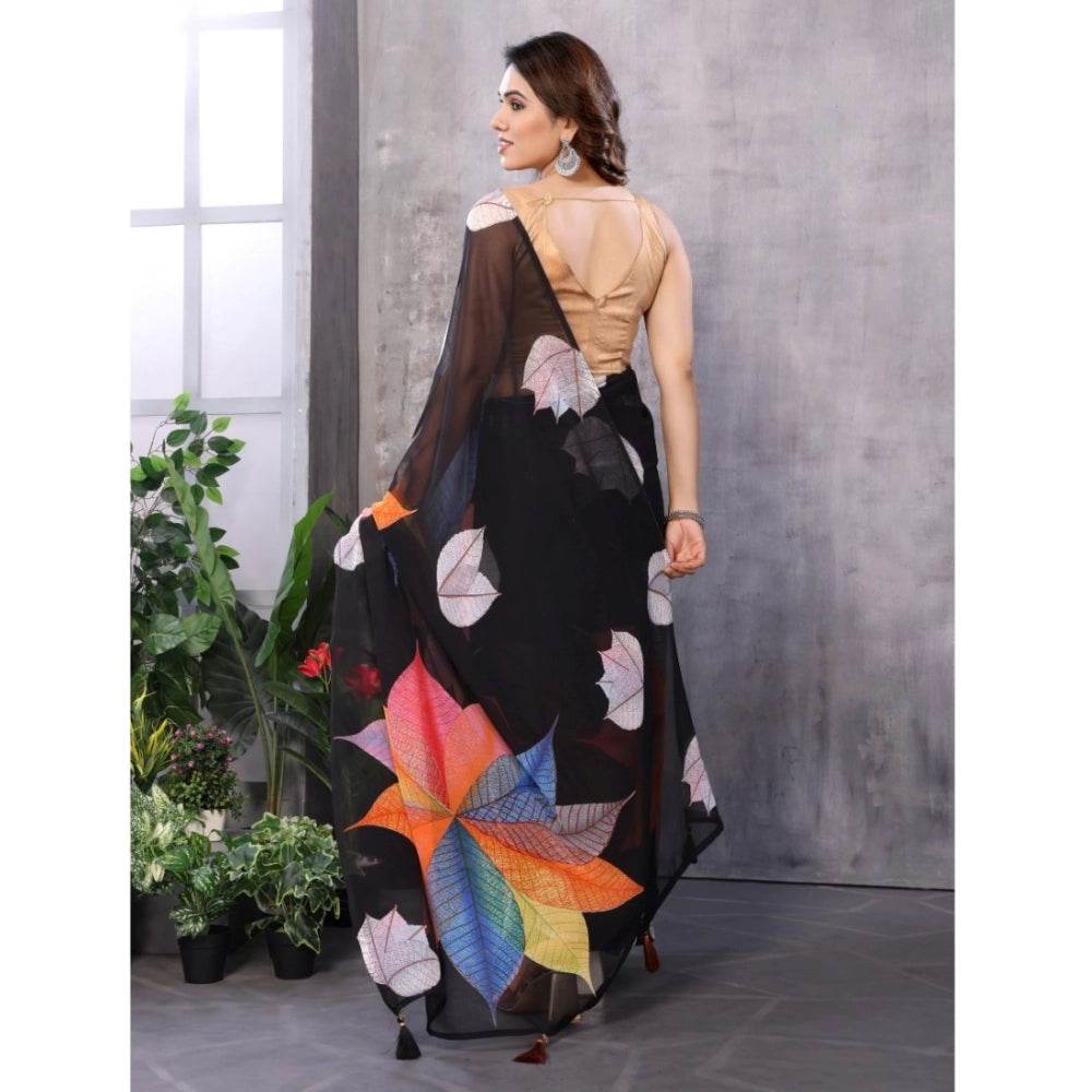 Generic Women's Small Lace Georgette Printed Ready-to-Wear Saree With Unstitched Blouse 5.5 Mtr (Black) - MYLUXURY LANE ENTERPRISE