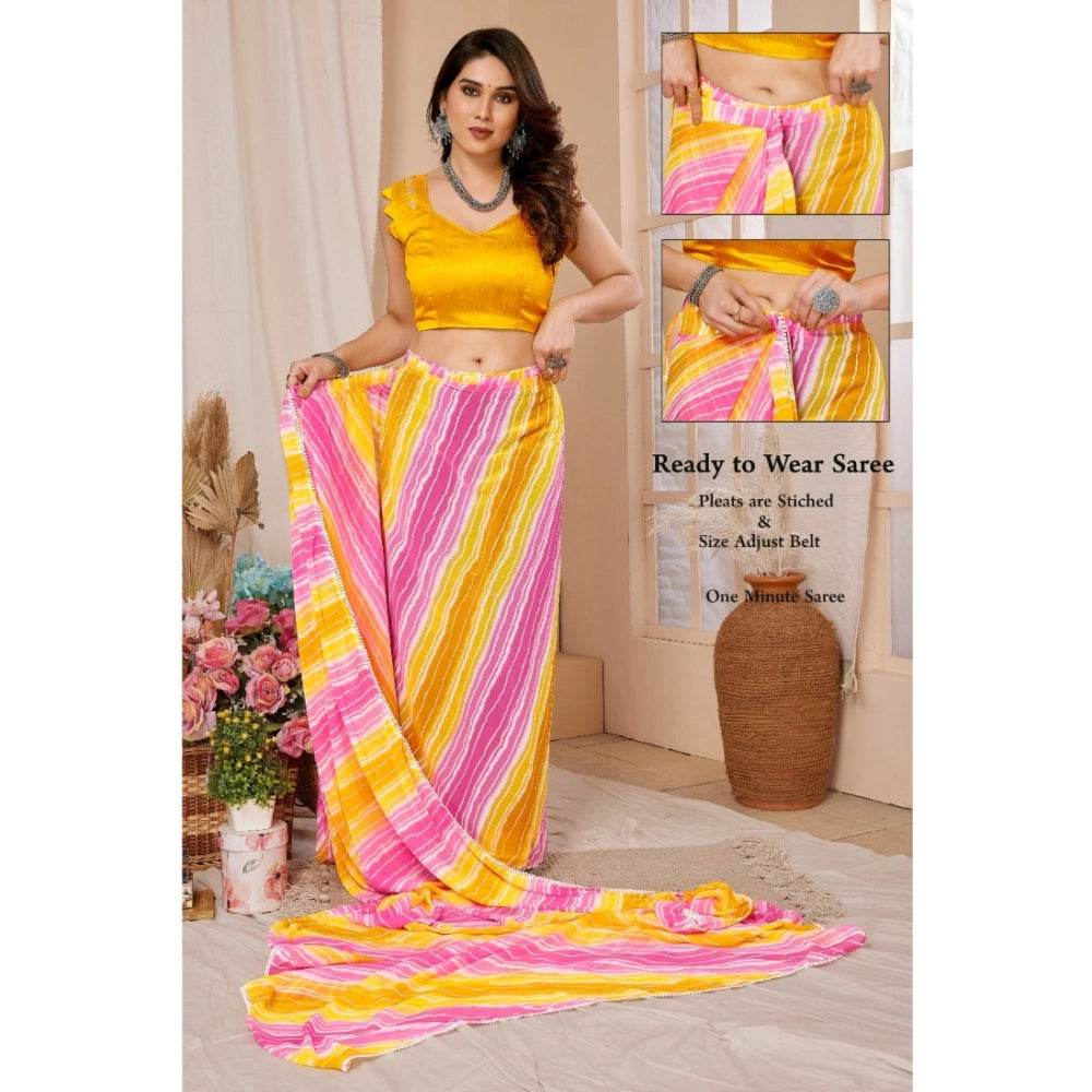 Generic Women's Small Lace Georgette Striped Ready-to-Wear Saree With Unstitched Blouse 5.5 Mtr (Yellow-Pink) - MYLUXURY LANE ENTERPRISE
